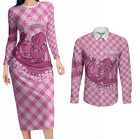 Alaka Hawaii Cowboy Palaka Motifs Personalised Couples Matching Long Sleeve Bodycon Dress and Long Sleeve Button Shirt Paniolo Festival Puakenikeni Lei LT14 Pink - Polynesian Pride