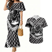 Eleele Hawaii Cowboy Palaka Motifs Personalised Couples Matching Mermaid Dress and Hawaiian Shirt Paniolo Festival Puakenikeni Lei