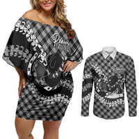 Eleele Hawaii Cowboy Palaka Motifs Personalised Couples Matching Off Shoulder Short Dress and Long Sleeve Button Shirt Paniolo Festival Puakenikeni Lei