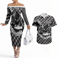 Eleele Hawaii Cowboy Palaka Motifs Personalised Couples Matching Off The Shoulder Long Sleeve Dress and Hawaiian Shirt Paniolo Festival Puakenikeni Lei