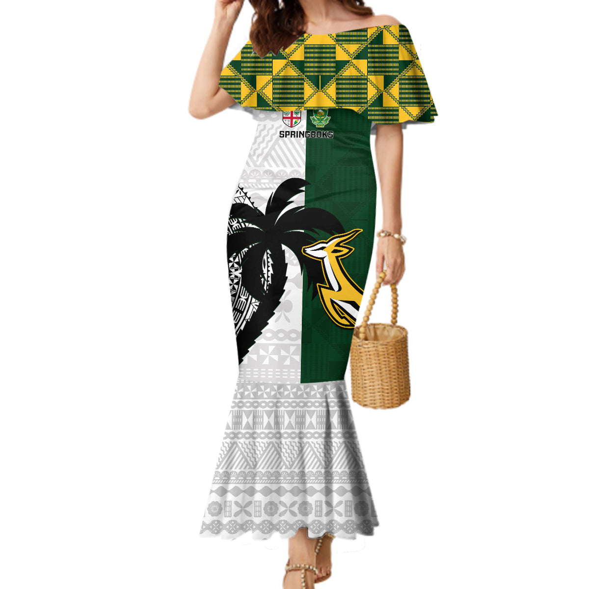 South Africa And Fiji Rugby Mermaid Dress 2023 World Cup Fijian Tapa With Kente Pattern LT14 Women Green - Polynesian Pride