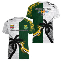South Africa And Fiji Rugby Women V Neck T Shirt 2023 World Cup Fijian Tapa With Kente Pattern LT14 - Polynesian Pride