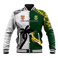 Custom South Africa And Fiji Rugby Baseball Jacket 2023 World Cup Fijian Tapa With Kente Pattern LT14 Unisex Green - Polynesian Pride