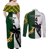 Custom South Africa And Fiji Rugby Couples Matching Off Shoulder Maxi Dress and Long Sleeve Button Shirts 2023 World Cup Fijian Tapa With Kente Pattern LT14 - Polynesian Pride