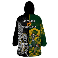 South Africa And Aotearoa Rugby Wearable Blanket Hoodie 2023 Springboks Kente Combine All Black Maori Fern LT14 - Polynesian Pride