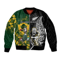 Custom South Africa And Aotearoa Rugby Sleeve Zip Bomber Jacket 2023 Springboks Kente Combine All Black Maori Fern LT14 Unisex Green - Polynesian Pride
