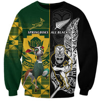 Custom South Africa And Aotearoa Rugby Sweatshirt 2023 Springboks Kente Combine All Black Maori Fern LT14 Unisex Green - Polynesian Pride