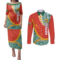 Penama Province Couples Matching Puletasi and Long Sleeve Button Shirt Vanuatu Map - Plumeria Flag Color