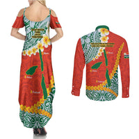 Penama Province Couples Matching Summer Maxi Dress and Long Sleeve Button Shirt Vanuatu Map - Plumeria Flag Color