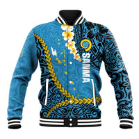 Sanma Province Baseball Jacket Vanuatu Pattern Myna Bird - Plumeria Flag Color