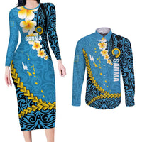 Sanma Province Couples Matching Long Sleeve Bodycon Dress and Long Sleeve Button Shirt Vanuatu Pattern Myna Bird - Plumeria Flag Color