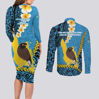 Sanma Province Couples Matching Long Sleeve Bodycon Dress and Long Sleeve Button Shirt Vanuatu Pattern Myna Bird - Plumeria Flag Color