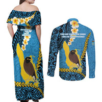 Sanma Province Couples Matching Off Shoulder Maxi Dress and Long Sleeve Button Shirt Vanuatu Pattern Myna Bird - Plumeria Flag Color