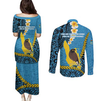Sanma Province Couples Matching Puletasi and Long Sleeve Button Shirt Vanuatu Pattern Myna Bird - Plumeria Flag Color