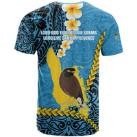 Sanma Province T Shirt Vanuatu Pattern Myna Bird - Plumeria Flag Color
