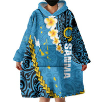 Sanma Province Wearable Blanket Hoodie Vanuatu Pattern Myna Bird - Plumeria Flag Color