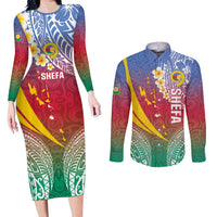 Shefa Province Couples Matching Long Sleeve Bodycon Dress and Long Sleeve Button Shirt Vanuatu Pattern Map - Plumeria Flag Color