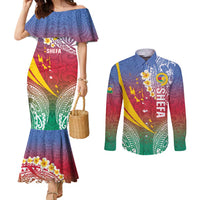 Shefa Province Couples Matching Mermaid Dress and Long Sleeve Button Shirt Vanuatu Pattern Map - Plumeria Flag Color