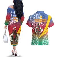 Shefa Province Couples Matching Off The Shoulder Long Sleeve Dress and Hawaiian Shirt Vanuatu Pattern Map - Plumeria Flag Color