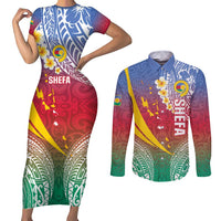 Shefa Province Couples Matching Short Sleeve Bodycon Dress and Long Sleeve Button Shirt Vanuatu Pattern Map - Plumeria Flag Color