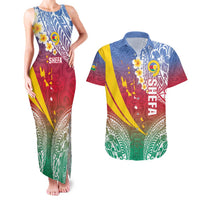Shefa Province Couples Matching Tank Maxi Dress and Hawaiian Shirt Vanuatu Pattern Map - Plumeria Flag Color