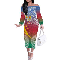 Shefa Province Family Matching Off The Shoulder Long Sleeve Dress and Hawaiian Shirt Vanuatu Pattern Map - Plumeria Flag Color