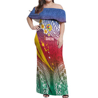 Shefa Province Off Shoulder Maxi Dress Vanuatu Pattern Map - Plumeria Flag Color
