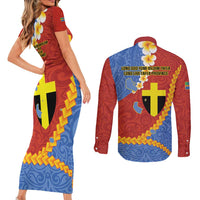 Tafea Province Couples Matching Short Sleeve Bodycon Dress and Long Sleeve Button Shirt Vanuatu Pattern Map - Plumeria Flag Color