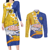 Torba Province Couples Matching Long Sleeve Bodycon Dress and Long Sleeve Button Shirt Vanuatu Pattern Crocodile - Plumeria Flag Color