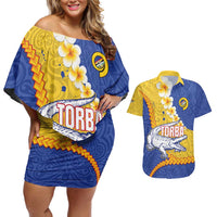 Torba Province Couples Matching Off Shoulder Short Dress and Hawaiian Shirt Vanuatu Pattern Crocodile - Plumeria Flag Color