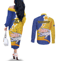 Torba Province Couples Matching Off The Shoulder Long Sleeve Dress and Long Sleeve Button Shirt Vanuatu Pattern Crocodile - Plumeria Flag Color