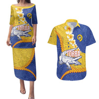 Torba Province Couples Matching Puletasi and Hawaiian Shirt Vanuatu Pattern Crocodile - Plumeria Flag Color
