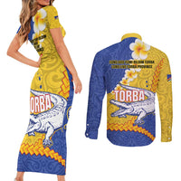 Torba Province Couples Matching Short Sleeve Bodycon Dress and Long Sleeve Button Shirt Vanuatu Pattern Crocodile - Plumeria Flag Color