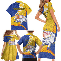 Torba Province Family Matching Short Sleeve Bodycon Dress and Hawaiian Shirt Vanuatu Pattern Crocodile - Plumeria Flag Color