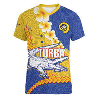 Torba Province Women V-Neck T-Shirt Vanuatu Pattern Crocodile - Plumeria Flag Color