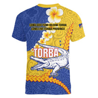 Torba Province Women V-Neck T-Shirt Vanuatu Pattern Crocodile - Plumeria Flag Color