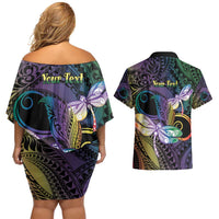 Personalized Polynesian Memorial Couples Matching Off Shoulder Short Dress and Hawaiian Shirt Dragonflies Appear When Angels Are Near
