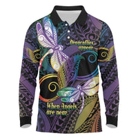 Personalized Polynesian Memorial Long Sleeve Polo Shirt Dragonflies Appear When Angels Are Near