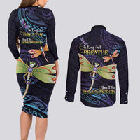 As Long As I Breathe You'll Be Remembered Couples Matching Long Sleeve Bodycon Dress and Long Sleeve Button Shirt Dragonflies Memorial - Polynesian Pattern