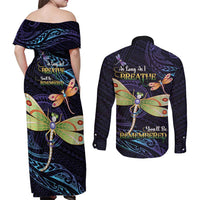 As Long As I Breathe You'll Be Remembered Couples Matching Off Shoulder Maxi Dress and Long Sleeve Button Shirt Dragonflies Memorial - Polynesian Pattern