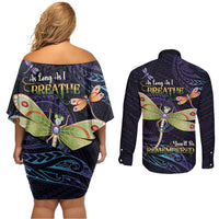 As Long As I Breathe You'll Be Remembered Couples Matching Off Shoulder Short Dress and Long Sleeve Button Shirt Dragonflies Memorial - Polynesian Pattern