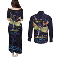 As Long As I Breathe You'll Be Remembered Couples Matching Puletasi and Long Sleeve Button Shirt Dragonflies Memorial - Polynesian Pattern