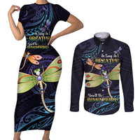 As Long As I Breathe You'll Be Remembered Couples Matching Short Sleeve Bodycon Dress and Long Sleeve Button Shirt Dragonflies Memorial - Polynesian Pattern