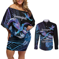 Polynesian Memorial Couples Matching Off Shoulder Short Dress and Long Sleeve Button Shirt Hummingbirds Appear When Angels Are Near LT14