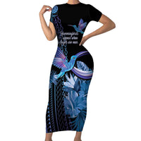 Polynesian Memorial Short Sleeve Bodycon Dress Hummingbirds Appear When Angels Are Near LT14 Long Dress Black - Polynesian Pride