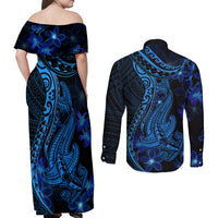 Blue Polynesia Shark Tattoo Couples Matching Off Shoulder Maxi Dress and Long Sleeve Button Shirt With Polynesian Plumeria LT14 - Polynesian Pride