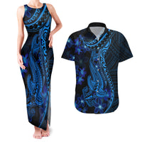 Blue Polynesia Shark Tattoo Couples Matching Tank Maxi Dress and Hawaiian Shirt With Polynesian Plumeria LT14 Blue - Polynesian Pride