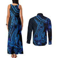 Blue Polynesia Shark Tattoo Couples Matching Tank Maxi Dress and Long Sleeve Button Shirt With Polynesian Plumeria LT14 - Polynesian Pride