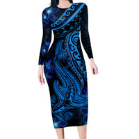 Blue Polynesia Shark Tattoo Family Matching Long Sleeve Bodycon Dress and Hawaiian Shirt With Polynesian Plumeria LT14 Mom's Dress Blue - Polynesian Pride