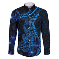 Blue Polynesia Shark Tattoo Family Matching Off Shoulder Long Sleeve Dress and Hawaiian Shirt With Polynesian Plumeria LT14 Dad's Shirt - Long Sleeve Blue - Polynesian Pride
